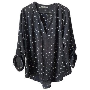Daniel Rainn Black & White Dandelion Print Roll-Tab Blouse